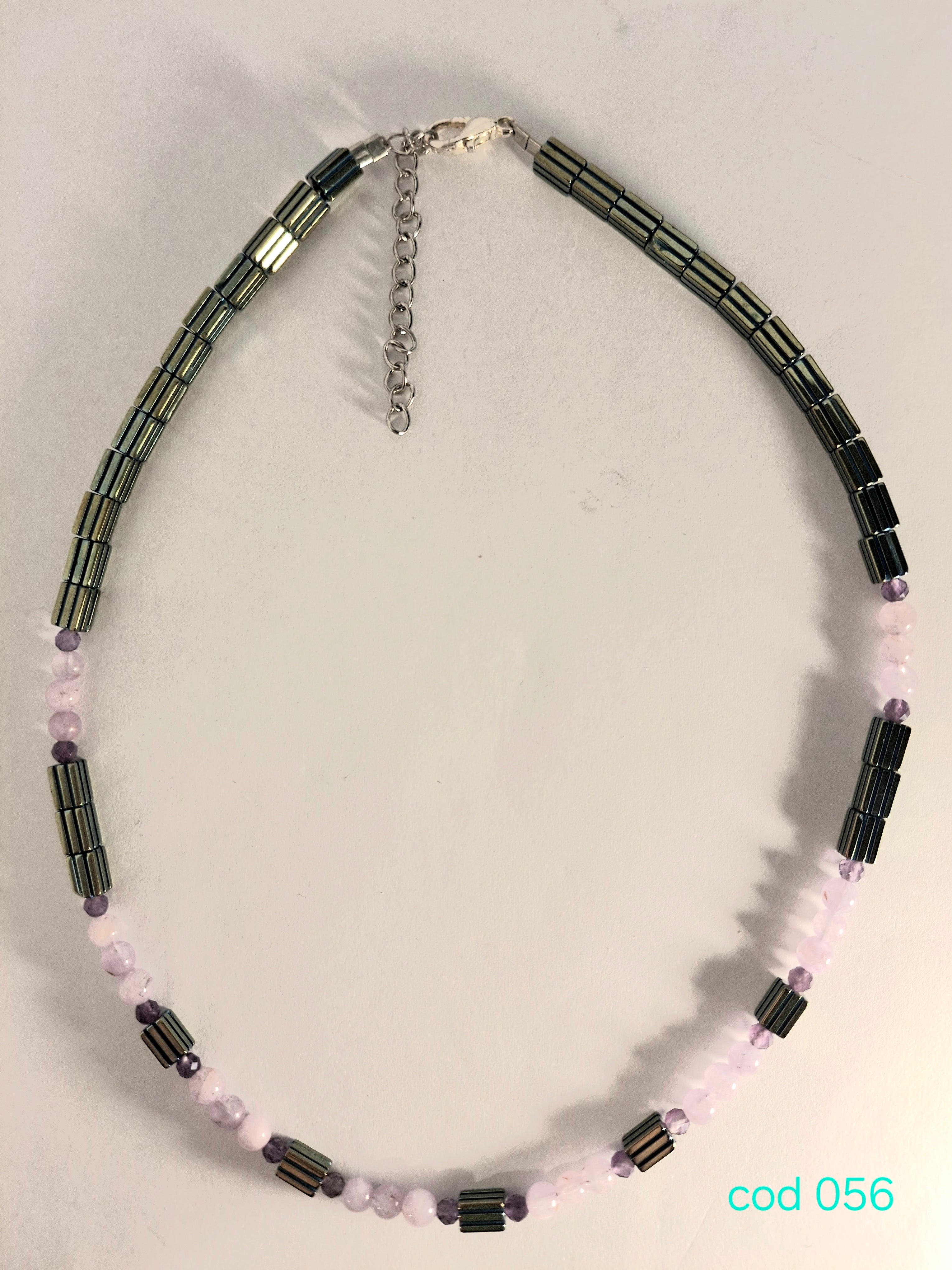 Colier handmade din Pietre semipretioase, Ametist si Hematit electroplacat, in Inox (Cod 056)